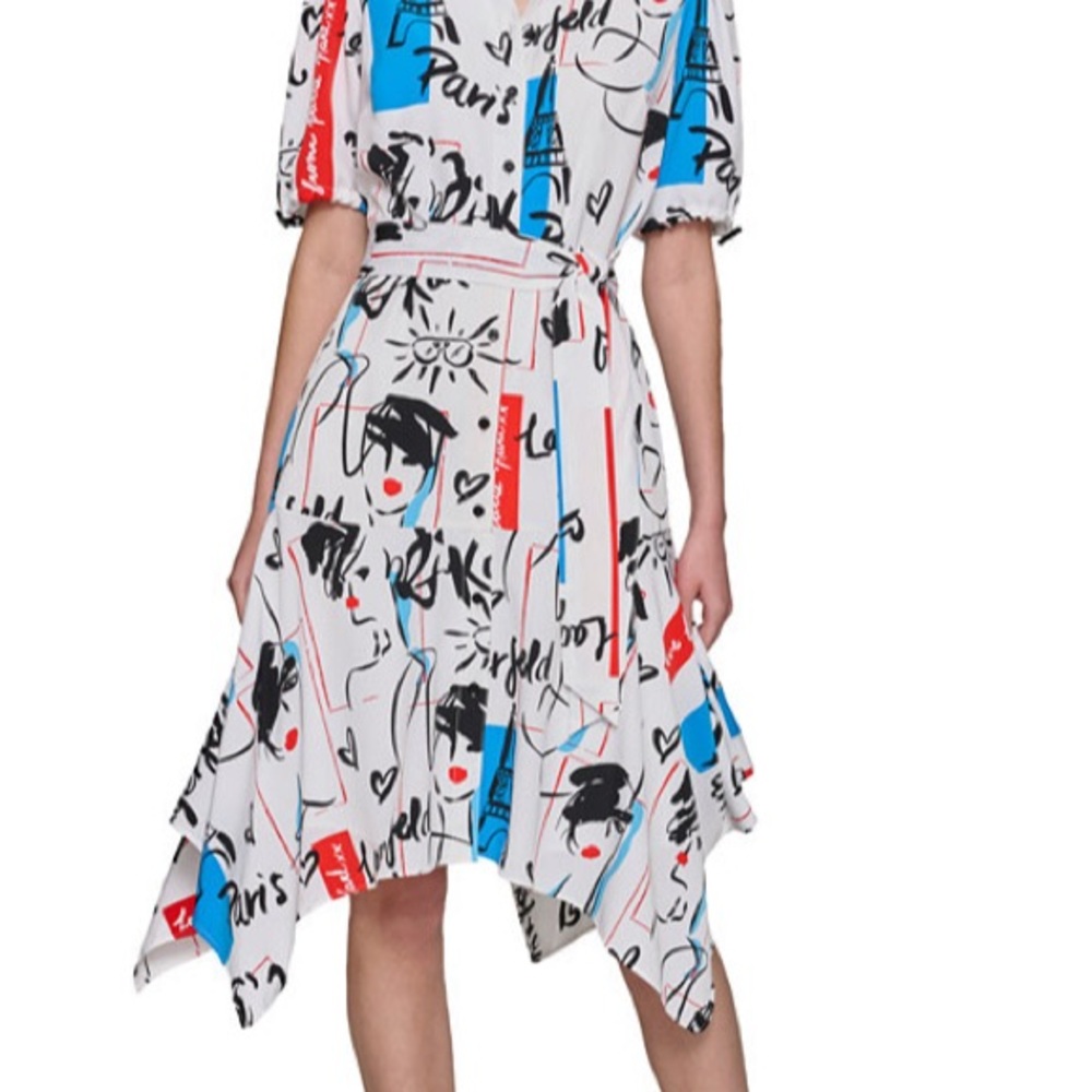 Karl Lagerfeld White Asymmetrical Dress with Red and Blue Accents